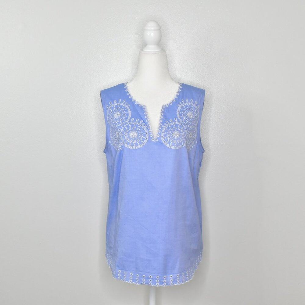 J. Crew Embroidered Chambray Top Women Size 6 Blue Eyelet Preppy Coastal Beach S